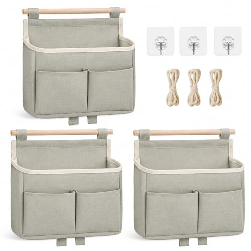 3 Stück Hängeorganizer Hängetasche aus Leinen Stoff – Aufbewahrungstasche Hängend mit Haken, Wand Hängeaufbewahrung und Wandorganizer für Home, Office, Bad und Kinderzimmer, platzsparende Wandtasche