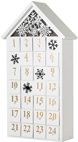 Brubaker Calendario dell'avvento Riutilizzabile in Legno da riempire - casa Bianca della Neve con Illuminazione a LED - Calendario Natalizio Fai-da-Te 24,3 x 45 x 8 cm
