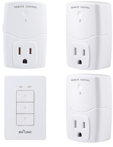 BN-LINK Mini Wireless Wall-Mounting Remote Control Outlet Switch Power Plug in for Household Appliances, Wireless Remote Light Switch, LED Light Bulbs, White (3 Outlets)