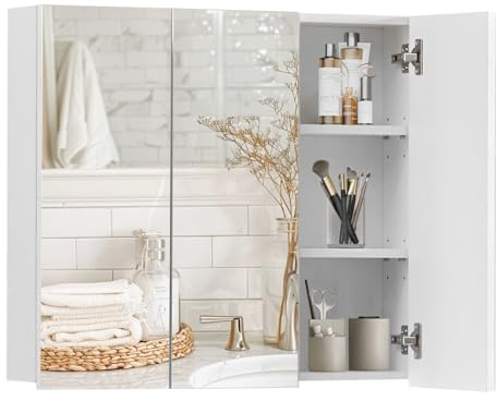 LEMROE 3 Doors Bathroom Mirror Cabinet, Wall Mounted Storage Cupboard with Adjustable Shelf, Wooden Storage Unit with Mirror, Modern White