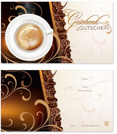 GESCHENKGUTSCHEINcom by POS-HAUER. 25 Gutscheine, blanko zum selbst Ausfüllen. Für Café Kaffeehaus Cafébar. Cafégutschein.