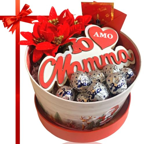 NARAMAKI Baci Perugina Idee Regalo Festa Della Donna - San Valentino 2024 Per la Mamma Cofanetto Tondo + 9 Cioccolatini Perugina + Piantina Stella di Natale + Scritta Legno + Biglietto di Auguri