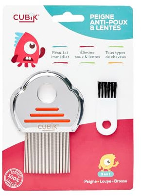 CUBIK - Peigne Anti-Poux et Lentes en Acier Inoxydable avec Loupe et Brosse - Kit Complet 3 en 1 - Élimination 100% Naturelle des Poux et Lentes - Traitement doux - Idéal pour toute la Famille