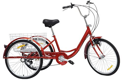 PUDLOR 24 Zoll Dreirad für Erwachsene, 6-Gang 3-Rad Fahrrad, Mit Korb und Beleuchtung Dreirad Erwachsene，Weiches Kissen und Rückenlehne Dreirad Fahrrad，Geeignet für alle Arten von Straßenbelägen