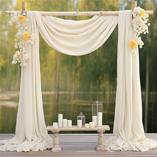 Surwin Arc de Mariage Drapage Lot de 2 Mariage Arche Tenture Tissu en Mousseline de Soie Toile de Fond Rideau Tulle pour Mariages fête Arc Rideaux Couleur Unie (Blanc Ivoire,75x600cm(20FT))