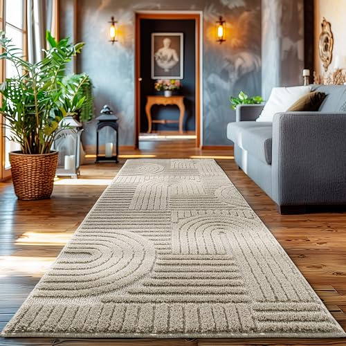 HomebyHome Teppich Läufer 80x250 cm Beige, Hochflor Wohnzimmer Teppich, Weich & Flauschig, Skandinavisch Boho Stil, Langflor Shaggy, Pflegeleicht, Jute Rückseite