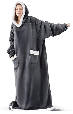 Eznaobo Extra Lange tragbare Decke, Hoodie, übergroße tragbare Decke mit Taschen und Ärmeln, weiches Sherpa-Fleece, tragbare Decke, riesiges Sweatshirt (Grau-120cm)