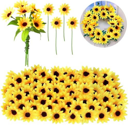 Wavwavw 50 Pcs Mini Artificial Sunflower Heads with Iron Stems for Home Party Decoration Wedding Decor, Bride Holding Flowers Centerpieces Wreath Garden DIY Art Decor Crafts(1.77 Inch)