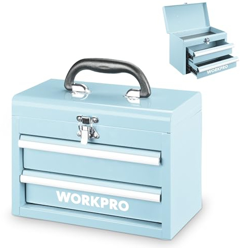 WORKPRO Boîte à Outils Métallique Portable à 2 Tiroirs, Mini Coffret avec Compartiment Supérieur, Glissières à Roulement à Billes, Poignée Ergonomique, Revêtement PVC et Patins Antidérapants