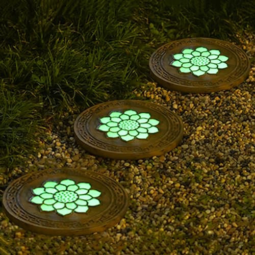 MEYINGOU Dekorativer Gartenstein Trittstein, Trittsteine ​​für den Garten, 3 x leuchtende Lotus-Dekor-Trittsteine, rund, dekorative Pflastersteine ​​für den Garten, Gehweg