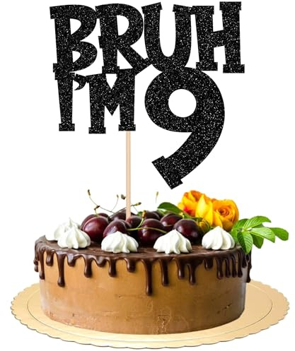 SYKYCTCY 1 Pack Happy 9th Birthday Cake Topper Glitter Bruh I'm 9 Cake Pick Bruh It's My 9th Cheers to 9 Years Cake Decoration for Birthday Party Supplies Black