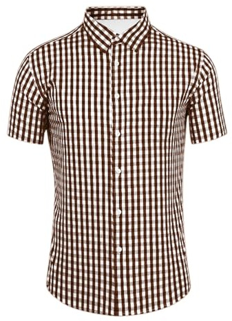 Mens Casual Button Down Shirts Wrinkle 4-Way Stretch Dress Shirs Short Sleeve Plaid Summer Shirts for Men (Brown, XL)