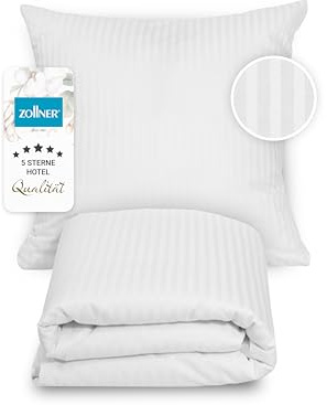 ZOLLNER Satin Bettwäsche, bestehend aus Kissenbezug und Deckenbezug - 80x80 cm + 140x200cm - edles Längsstreifendesign (10mm) - Baumwolle - waschbar bis 95°C – Hotelqualität