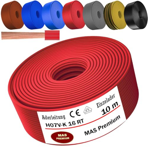 MAS Premium Câble conducteur H07 V-K 16 mm² de 5 à 100 m - Noir, marron, bleu foncé, vert, jaune, gris, bleu clair, orange ou rouge - Fil simple flexible (rouge, 10 m)