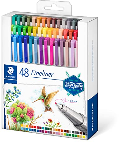 STAEDTLER Fineliner triplus Design Journey, ergonomischer Dreikantschaft, superfeine, metallgefasste 0,3 mm Spitze, lange Lebensdauer, 48 Fineliner in sortierten Farben im Kartonetui, 334 C48-C