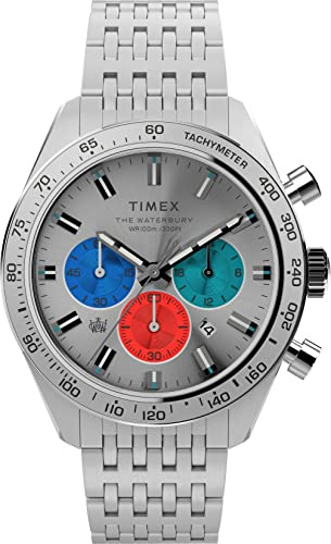 Timex mäns Waterbury Diver Chronograph automatisk 41 mm klocka – svart urtavla rostfritt stål fodral med svart läderrem, Rostfritt stål/silverton/rostfritt stål, En storlek, Traditionell