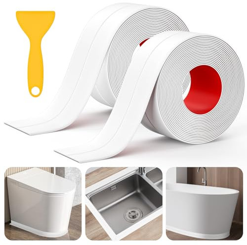 Digtokore Bath Sealant Strip, 2 Rolls Waterproof Caulk Strip White Sealant Tape for Bathroom, Kitchen, Bathtub, Toilet, Wall Floor, with Sealing Tool