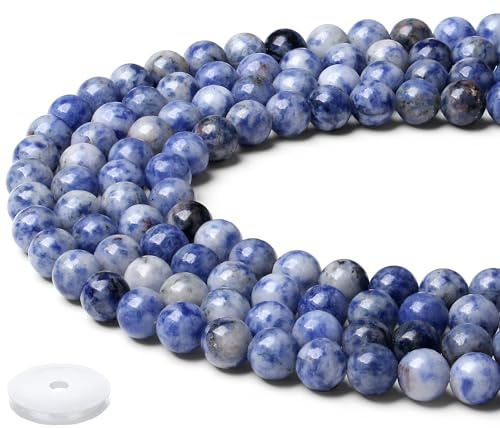 QINJIEJIE Blauweißer Sodalith Perlen 8mm mit Loch Edelstein Perlen Zum Basteln Runde Kristall Beads Blaue 50 Stück Glasperlen Beads für Armbänder Erwachsene DIY Halskette Schmuckherstellung