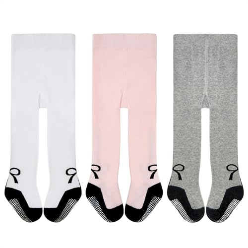 Durio Baby Cotton Children's Tights with Stopper Non-Slip Warm Stockings Leggings, Grey bow, white bow, pink bow, 6-12 Monate