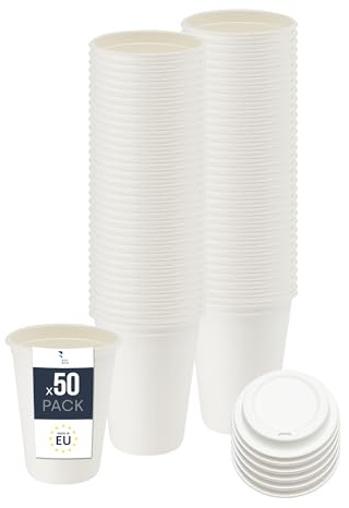 BenBow Einwegbecher aus Zuckerrohr mit Deckel, Weiß, 300 ml x 50 - Hochwertige Becher, Besser als Pappbecher, Umweltfreundlich, Recycelbar, für Heiße und Kalte Getränke, Ideal für Partys oder Kaffee