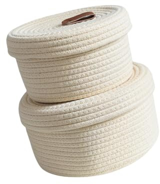 Whltzf 2 cestas de almacenamiento de cuerda de algodón trenzadas resistentes con tapas para almacenar objetos pequeños como juguetes y llaves, cesta de almacenamiento multiusos