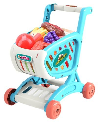 Toy Shopping Cart for Kids, Pretend Play Trolley with Food Accessories for Role-Playing Games, Educational Kitchen Toy Set for Kids Ages 3+ Boys Girls Home Learning Fun 24.5x20.5x30.5cm