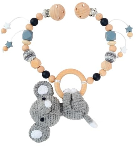 Ueiwffzo Kinderwagen Kette für Babys, Gehäkelt Cartoon Tier Anhänger Baby Mobile, Babyspielzeug Zum Flexiblen Aufhängen Kinderwagenkette aus Holz, Babyspielzeug Kinderwagen Für Baby (Elefanten)