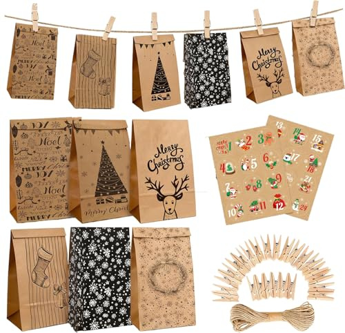 QITHGYD Adventskalender Tüten zum Befüllen Set, 24 bedruckte Geschenktüten mit Zahlenaufkleber und Klammern, Adventskalender zum Befüllen, DIY adventskalender für Kinder & Erwachsene, Weihnachten