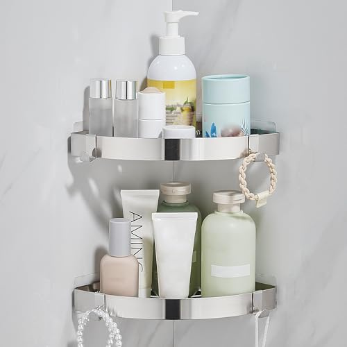 KAIMEIYU Duschablage ohne Bohren Duschregal Edelstahl Duschkorb Eckregal Ecke Badregal Bad Organizer Badezimmer Regal für Dusche 2 Stück Gebürstetes Silber