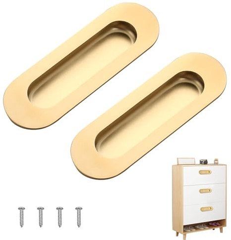 ApexPine 2 Pcs Gold Oval Flush Pulls, Stainless Steel for Sliding Doors | 2 pack gold oval flush pull handles, recessed stainless steel, hidden screws for cabinet wardrobe sliding door