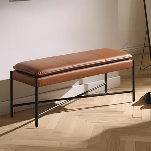 Ya-Home Banc Bout de Lit Moderne,Banquette d'Entrée,Cuir PU,Marron | Banc Ottoman d'Entrée à Double Couche Rembourré,Pieds Métalliques,pour Entrée Salon Chambre à Coucher