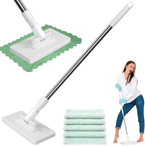 ZFFAFUR Snap-Grip Mini Mop with 5 Reusable Cloths - Adjustable 360° Rotating Mop for Floors, Windows & Tight Spaces, No-Touch Cloth Change, Wet & Dry Cleaning