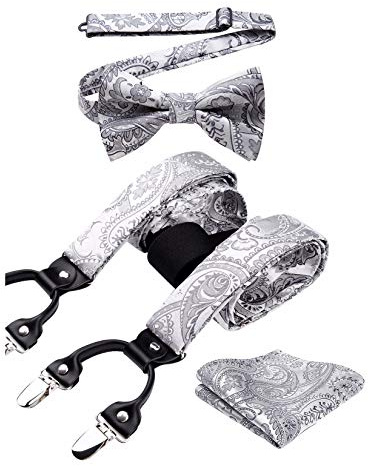 HISDERN Tirantes Hombres Gris en Forma de Y con 6 Clips Conjunto de Tirante y Pajaritas Paisley Ajustables para Hombre