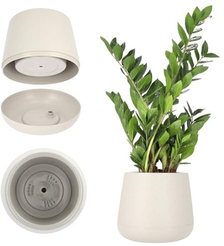 KADAX blomkruka av plast, ⌀ 13–23 cm, 4 färger, oval kruka med underlägg i set, växtkruka, blomkruka, planteringskruka, ytterkruka (⌀ 23 cm, beige)