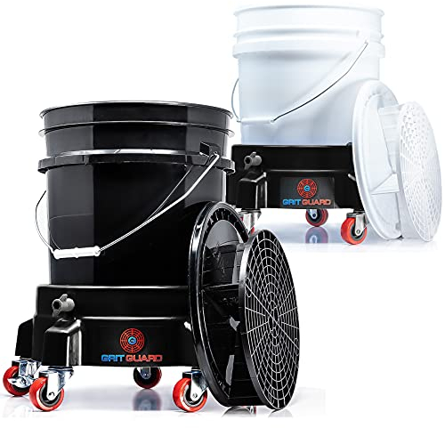 detailmate Black & White Kit complet | 2 seaux de lavage GritGuard 20 L/5GAL + 2 grilles + 2 couvercles + 2 chariots noirs et blancs | Accessoires professionnels pour la voiture | lavage à la main