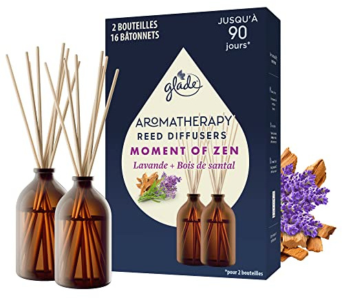 Glade Aromatherapy Diffuseur Bâtonnets - Infusé Aux Huiles Essentielles - Jusqu'à 90 Jours De Parfum - Moment of Zen, Lavande & Bois de Santal - 2 Diffuseurs & 16 Bâtonnets
