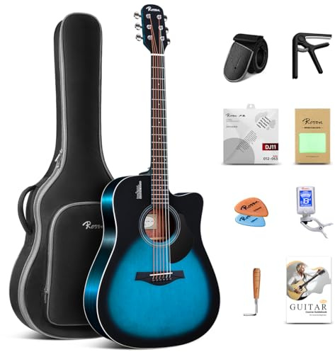 Rosen Solid Top Dreadnought Acoustic Guitar 41 Inches Spruce Guitar Beginner Bundle with Book, Padded Bag, Strings, Picks, Hexwrench, Strap, Polishing Cloth, Blue