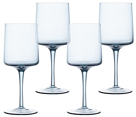 Navaris Copas de vino cuadradas azules (juego de 4) – Copas de vino de colores con tallos – Cristalería de colores con tallo para servir vino, cócteles, cerveza, postre