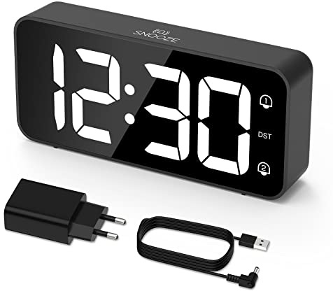LATEC LED Digitaler Wecker mit 2 Alarme Snooze, Digital Uhr mit USB-Ladeanschluss, 0–100% Helligkeitsdimmer, 90–120 dB Lautstärke, 8 Klingeltönen, 12/24H, Netzbetrieben