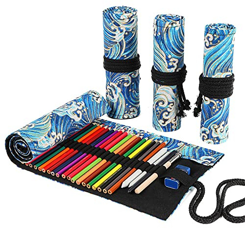 DIYOMR Rollos de envoltura de lápices con 24/36/72 ranuras, bolsa enrollable para lápices de colores para artistas, estuche organizador para dibujar, colorear y dibujar, Blue Ocean, 72slots, Envoltura