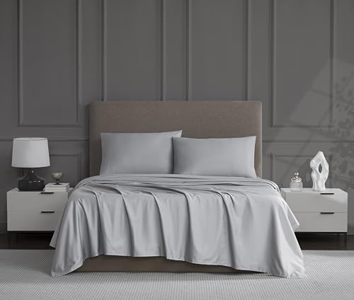 Linen Closet Queen Sheet Set – 4-Piece Cotton Blend, 1200 Thread Count Ultra Soft & Silky Sateen, Moisture Wicking, Wrinkle Resistant,Quick Dry, Deep Pocket up to 18, Durable & Easy Care, Soft Silver