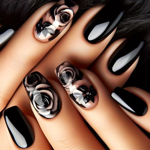 AstraGlam Rose Blume Fake Nails Set, Schwarz Mit Blumenmuster, 24 Künstliche Nägel Zum Aufkleben, Wiederverwendbar Für Elegante Und Alltägliche Styles