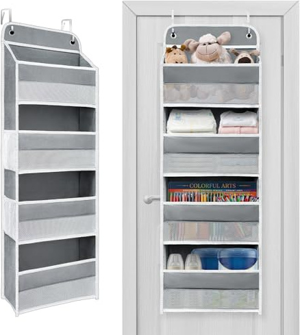 Over The Door Organizer with LifetimeWarranty, 4 Shelves & 4 Side Pockets, Large Storage Rack Holds 44lb, Heavy-Duty Reinforced Mesh Shelf for Bathroom, Closet, Toy Organization, Shoes, Towels, Grey