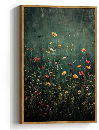 Grüne Wandkunstdrucke im Vintage-Stil, florales botanisches Gemälde, Bilder, groß, gerahmt, stimmungsvolle Landschaft, Leinwand, Wandkunst für Wohnzimmer, rustikale Natur, Wildblumen, Feld