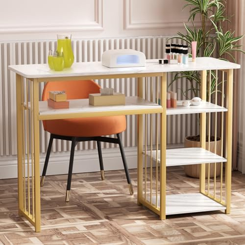 Escritorio de uñas blanco - Mesa de manicura de 120 cm con textura marmoleada con estantes multiabiertos, perfecta estación de trabajo para técnicos de uñas y profesionales de la belleza