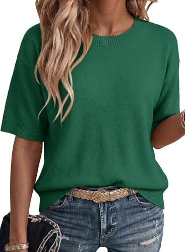Dokotoo Womens Blouses Tops Fashion Clothing 2026 Crewneck Short Sleeve Shirts Soft Knit Summer Pullover Sweater Top Casual Lightweight Spring Womens Sweaters Clothes Green X-Large