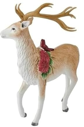 Fitz and Floyd Poinsettia Holiday Standing Deer Ceramic Figurine, Christmas Decorative Accent for Seasonal Home Décor, 16.25 Inch
