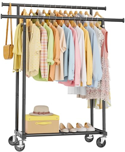 HYSEYY Double Rod Clothes Rail, Rolling Clothes Rack, Heavy Duty Clothing Rail with Lockable Wheels & Storage Shelf, Clothing Rack for bedroom, Laundry, Living Room - 160H x 113W x 42D cm, Blackk