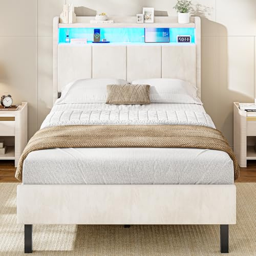 Bett 90x190 mit LED & Ladestation Bettgestell 90 x 190 mit Stauraum unter dem Bett,Kinderbett Jugendbett mit Lattenrost aus Holz Einzelbett mit Weich Gepolstertem Kopfteil(Beige Samt, 90x190cm)