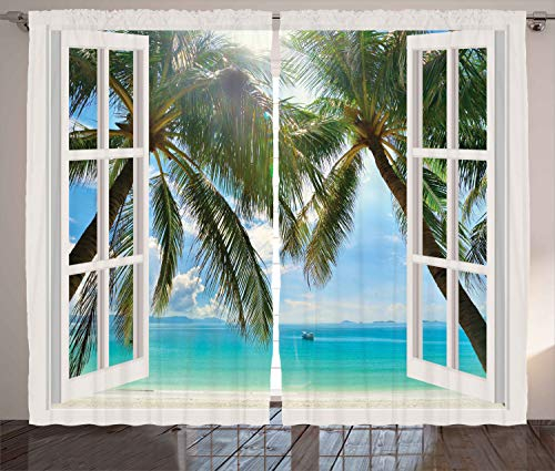 ABAKUHAUS Tropisch Rustikaler Vorhang, Fenster zum exotischen Strand, Wohnzimmer Universalband Gardinen mit Schlaufen und Haken, 280 x 245 cm, Himmelblau Weiß